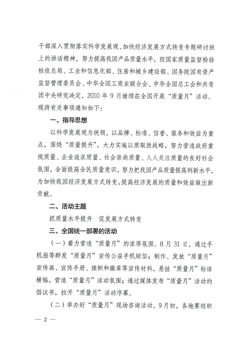 國(guó)家質(zhì)量監(jiān)督檢驗(yàn)檢疫總局、工業(yè)和信息化部、住房和城鄉(xiāng)建設(shè)部、國(guó)務(wù)院國(guó)有資產(chǎn)監(jiān)督管理委員會(huì)、中華全國(guó)工商業(yè)聯(lián)合會(huì)、中華全國(guó)總工會(huì)、共青團(tuán)中央《關(guān)于開展2010年全國(guó)“質(zhì)量月”活動(dòng)的通知》